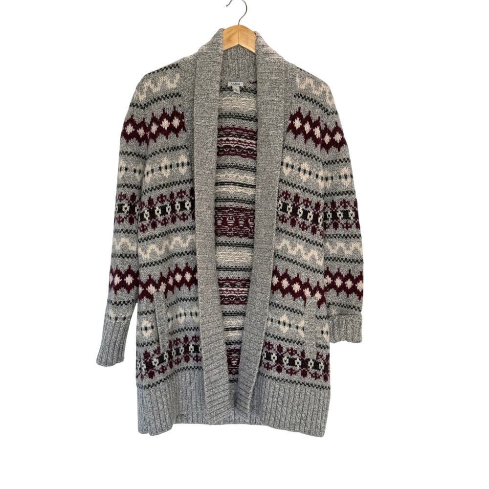 L.L. Bean Fair Isle Lambswool Open Cardigan Sweater Size M Shawl Collar Pockets